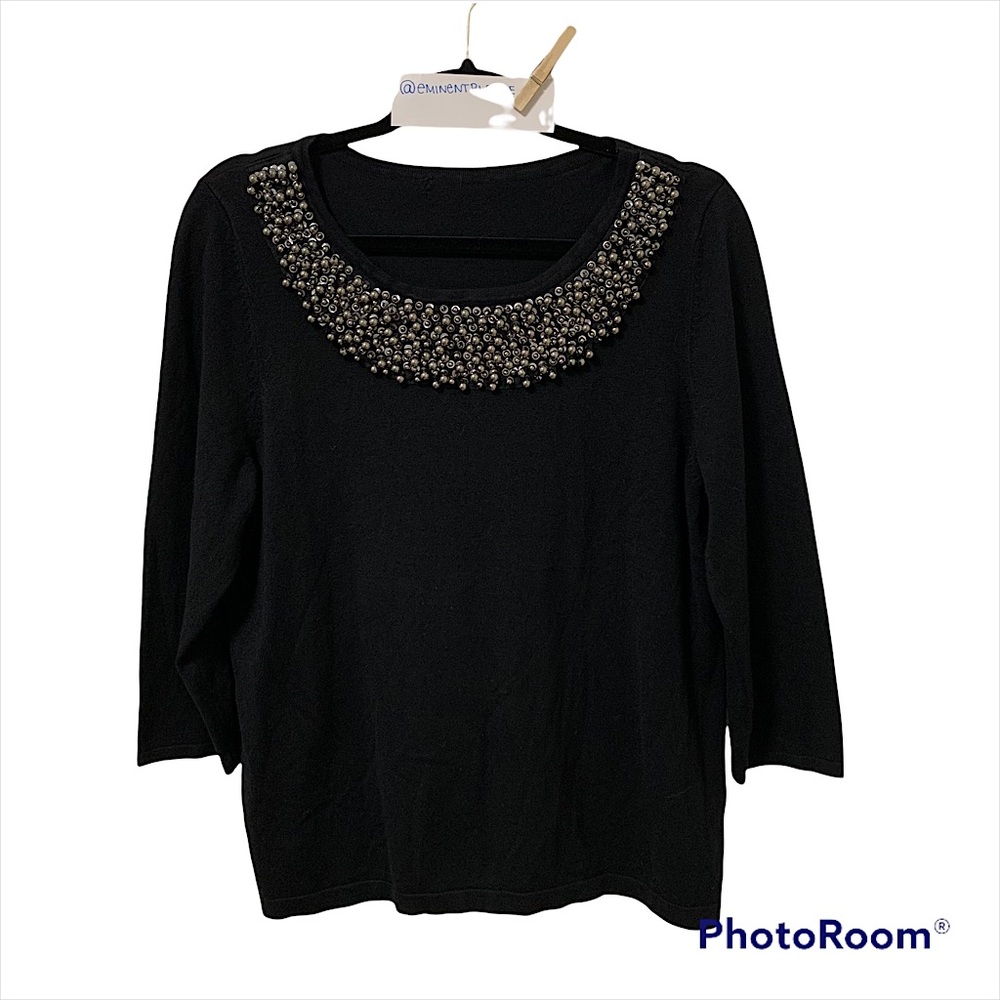 Black Holiday Sweater | Embellished Neck Beaded Neckline Winter Sweater